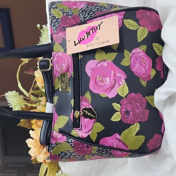 Betsey Johnson Black and Pink Floral Satchel - Picture 3 of 8